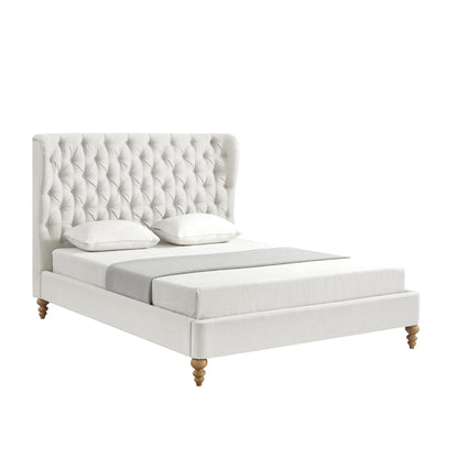 Beige Solid Wood King Tufted Upholstered Linen Bed