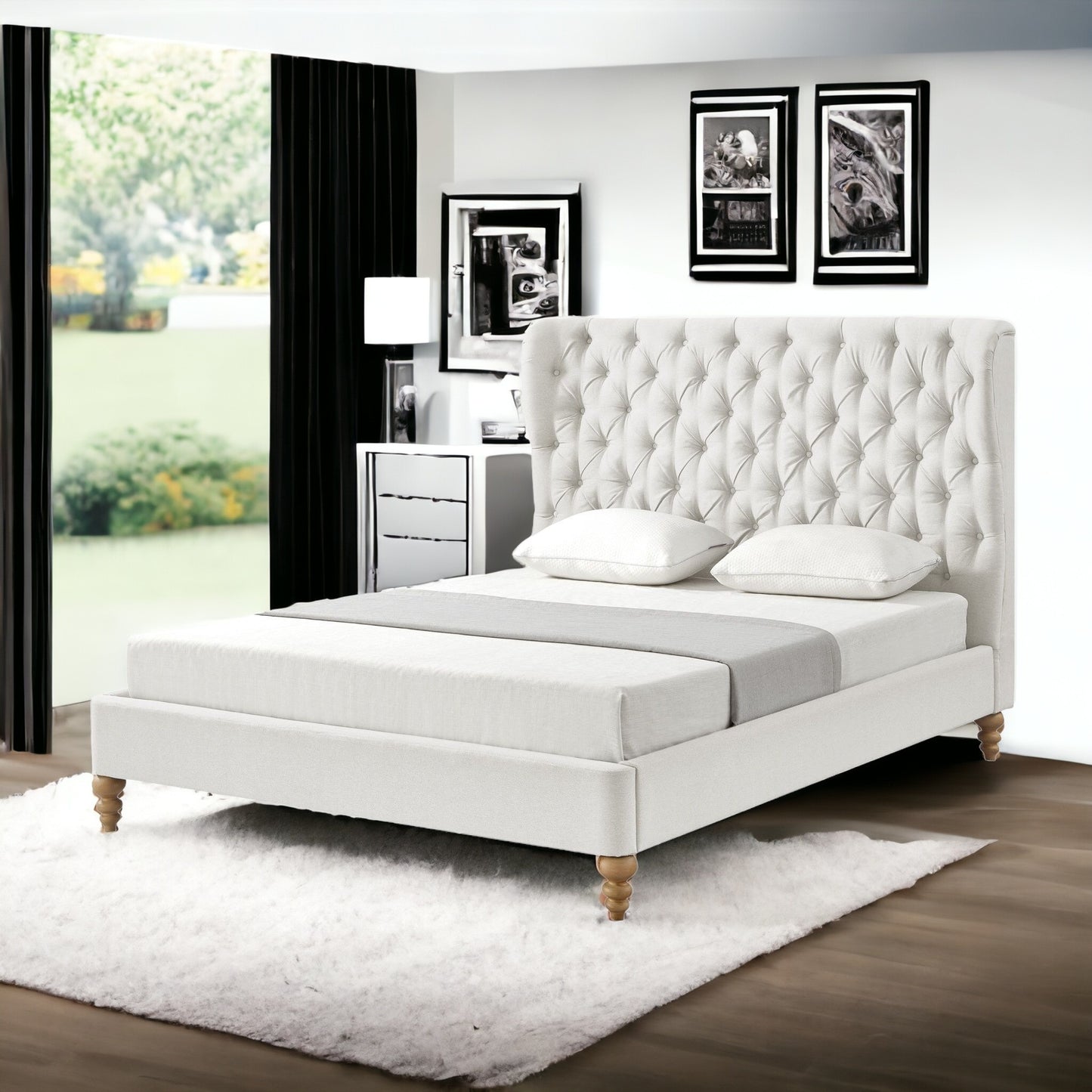 Beige Solid Wood King Tufted Upholstered Linen Bed