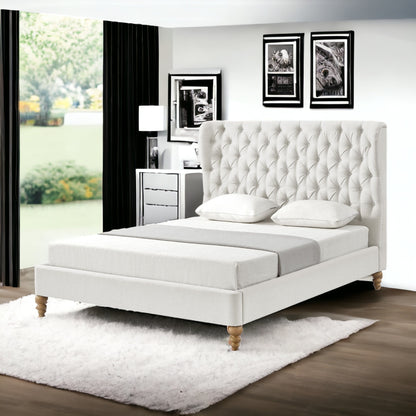 Beige Solid Wood King Tufted Upholstered Linen Bed