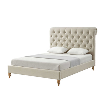 Beige Solid Wood Queen Tufted Upholstered Linen Bed with Nailhead Trim