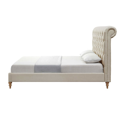 Beige Solid Wood Queen Tufted Upholstered Linen Bed with Nailhead Trim