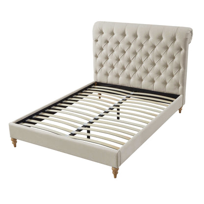 Beige Solid Wood Queen Tufted Upholstered Linen Bed with Nailhead Trim