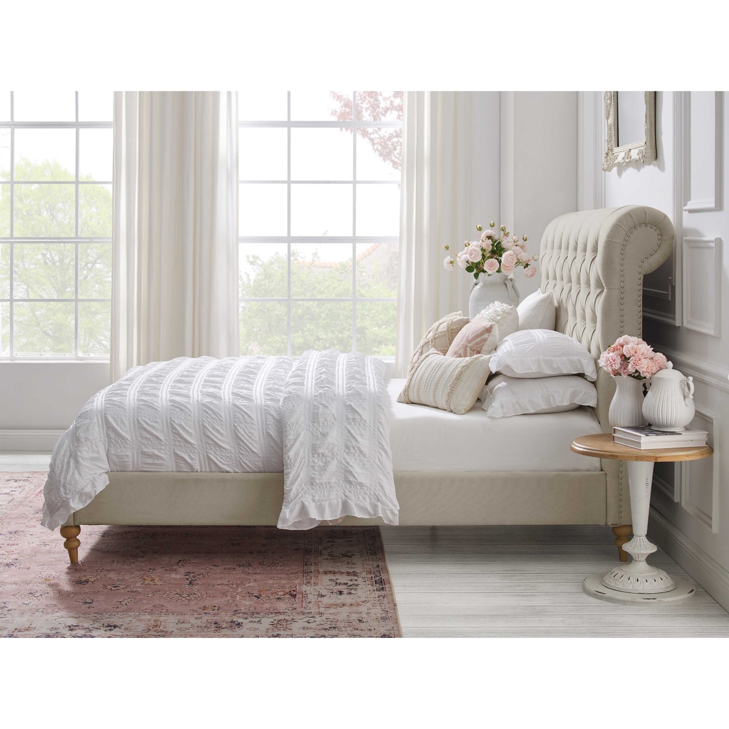 Gray Solid Wood King Tufted Upholstered Linen Bed with Nailhead Trim