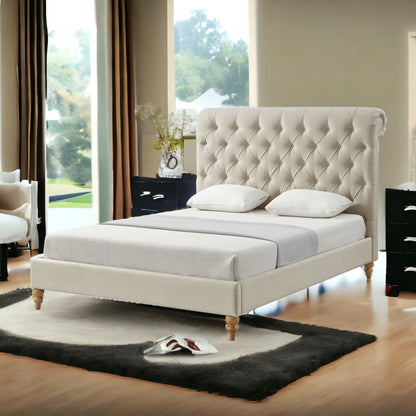 Gray Solid Wood King Tufted Upholstered Linen Bed with Nailhead Trim