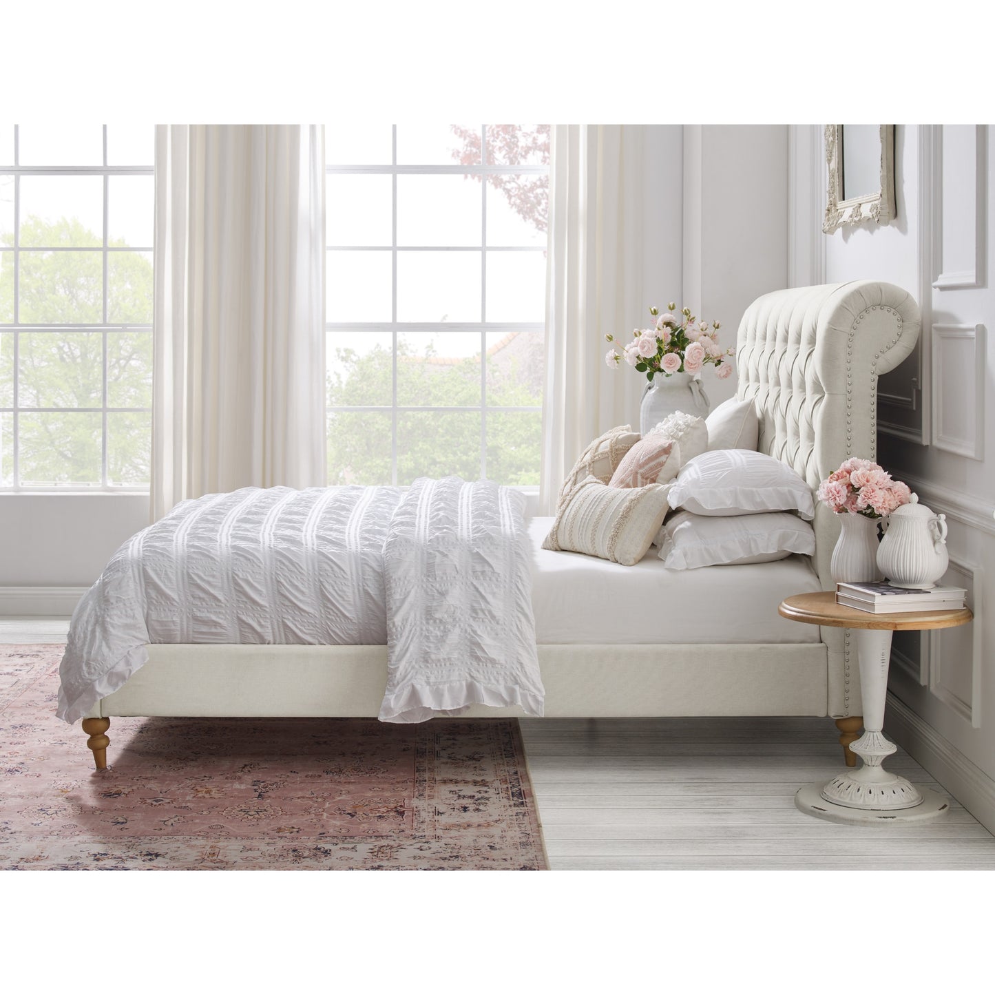 Gray Solid Wood King Tufted Upholstered Linen Bed with Nailhead Trim