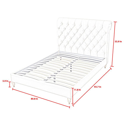 Beige Solid Wood Queen Tufted Upholstered Linen Bed with Nailhead Trim