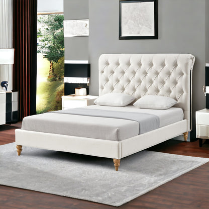 Gray Solid Wood King Tufted Upholstered Linen Bed with Nailhead Trim