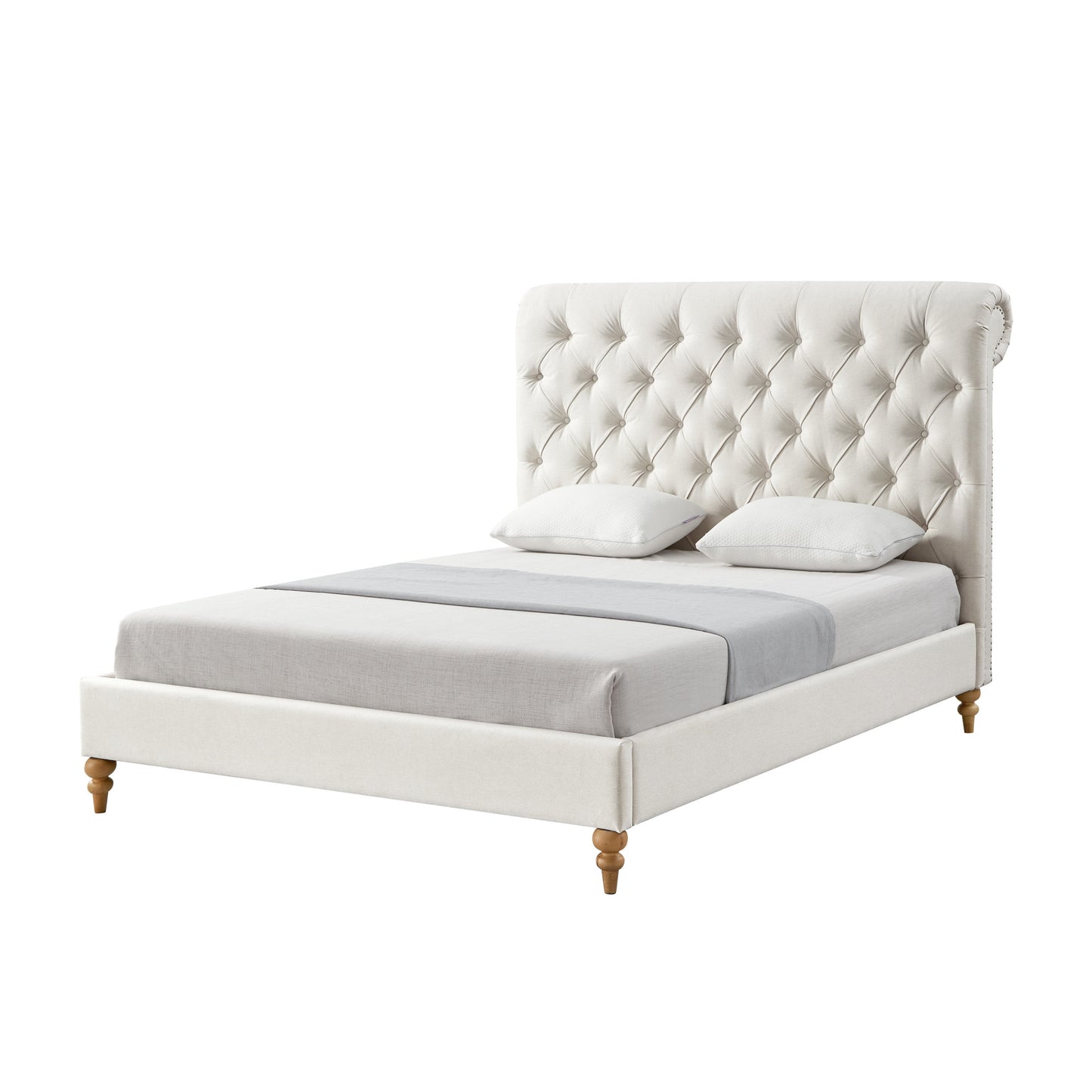 Gray Solid Wood King Tufted Upholstered Linen Bed with Nailhead Trim