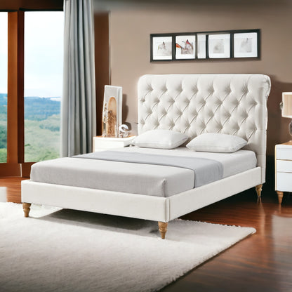 Gray Solid Wood King Tufted Upholstered Linen Bed with Nailhead Trim