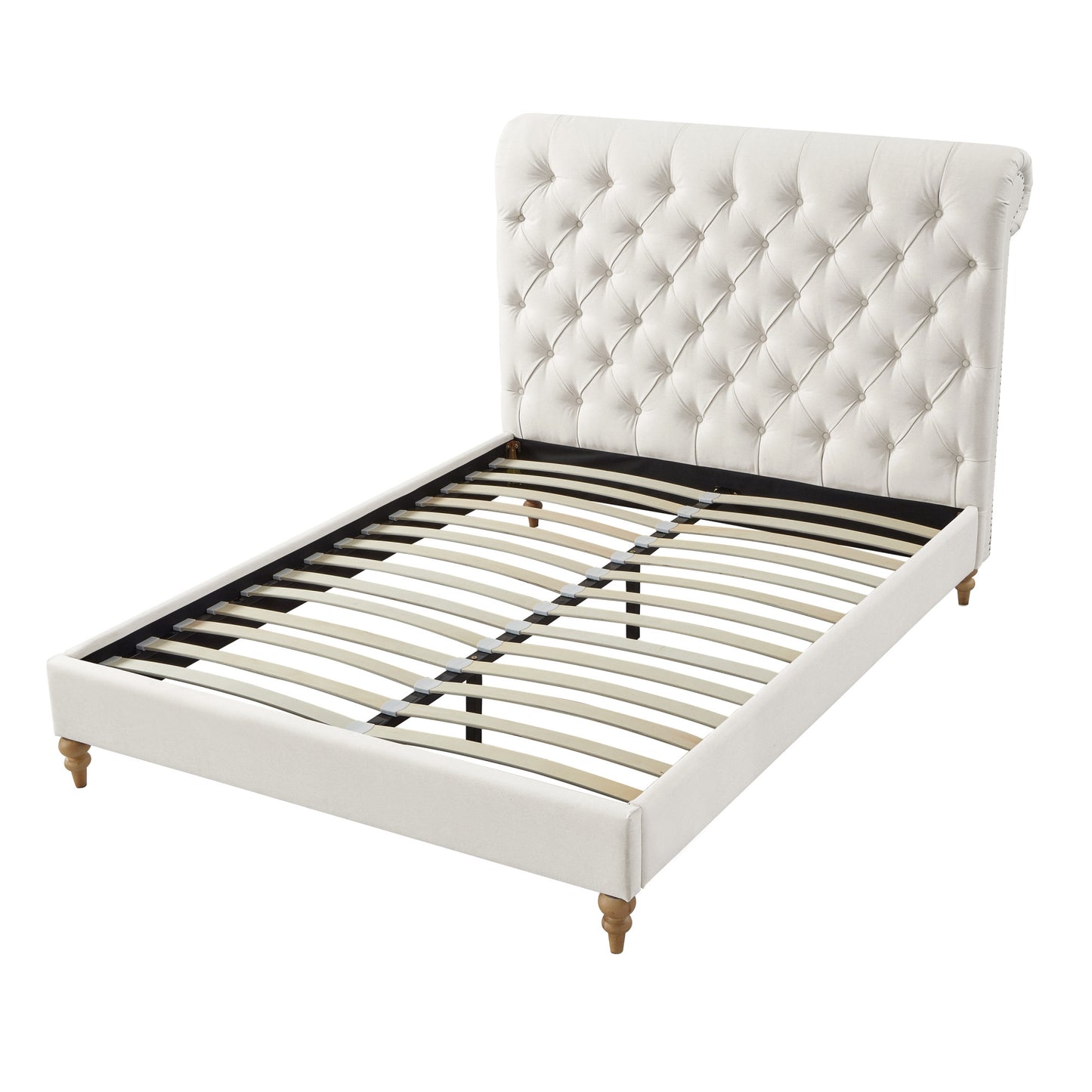 Beige Solid Wood Queen Tufted Upholstered Linen Bed with Nailhead Trim