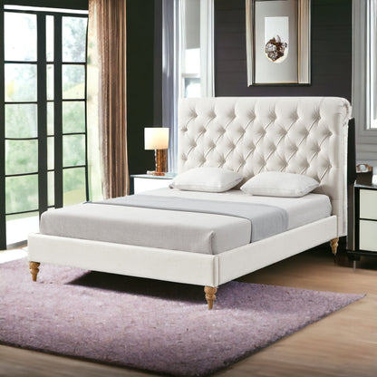 Gray Solid Wood King Tufted Upholstered Linen Bed with Nailhead Trim