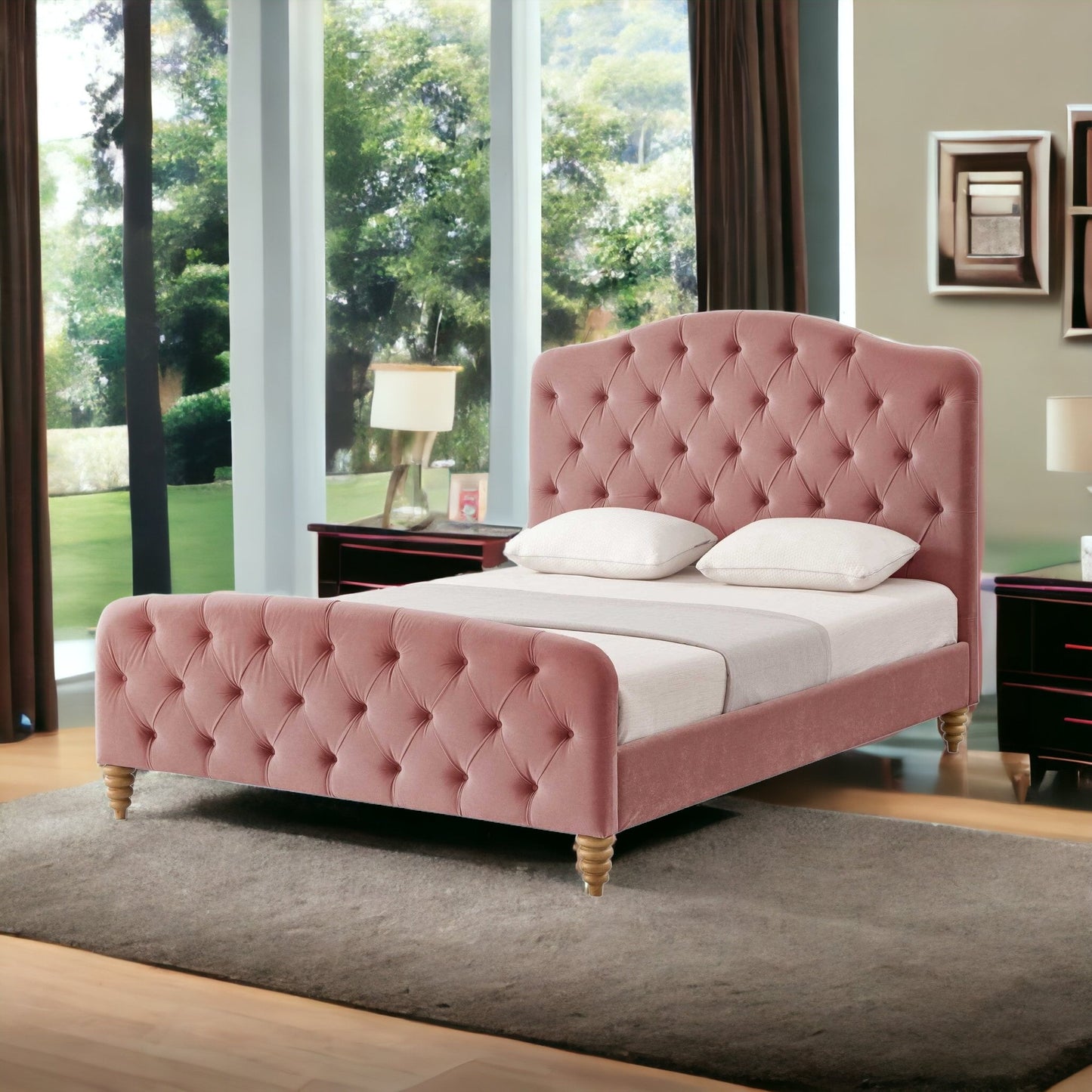 Blush Solid Wood Twin Tufted Upholstered Velvet Bed