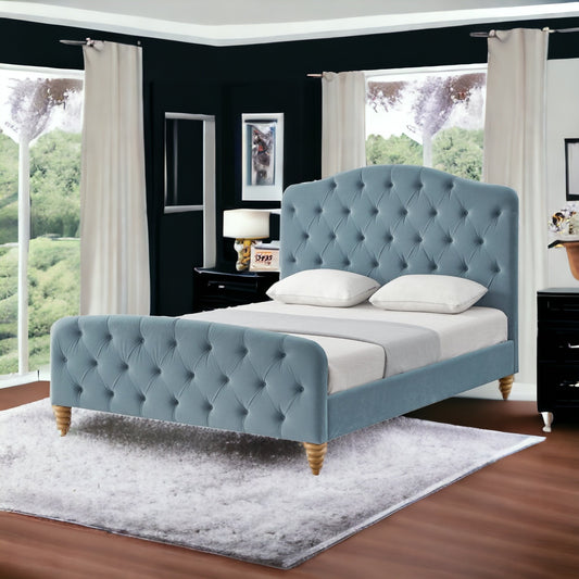 Light Blue Solid Wood King Tufted Upholstered Velvet Bed