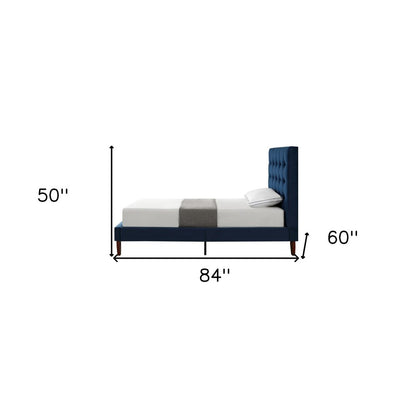 Navy Blue Solid Wood King Tufted Upholstered Velvet Bed