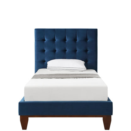 Navy Blue Solid Wood King Tufted Upholstered Velvet Bed
