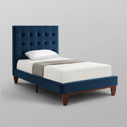 Navy Blue Solid Wood King Tufted Upholstered Velvet Bed