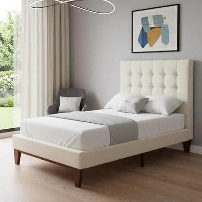 Beige Solid Wood Full Tufted Upholstered Linen Bed
