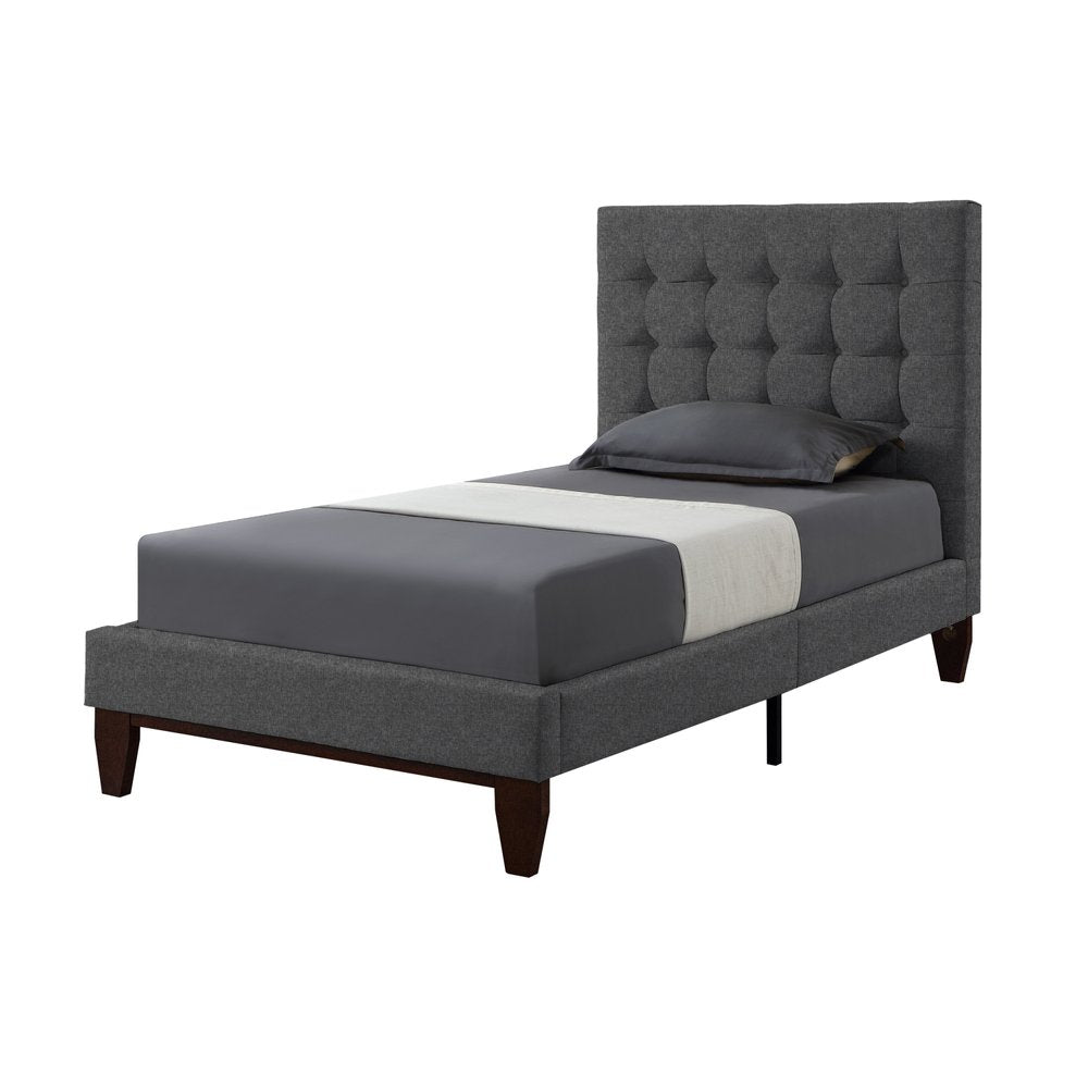 Beige Solid Wood Twin Tufted Upholstered Linen Bed Frame