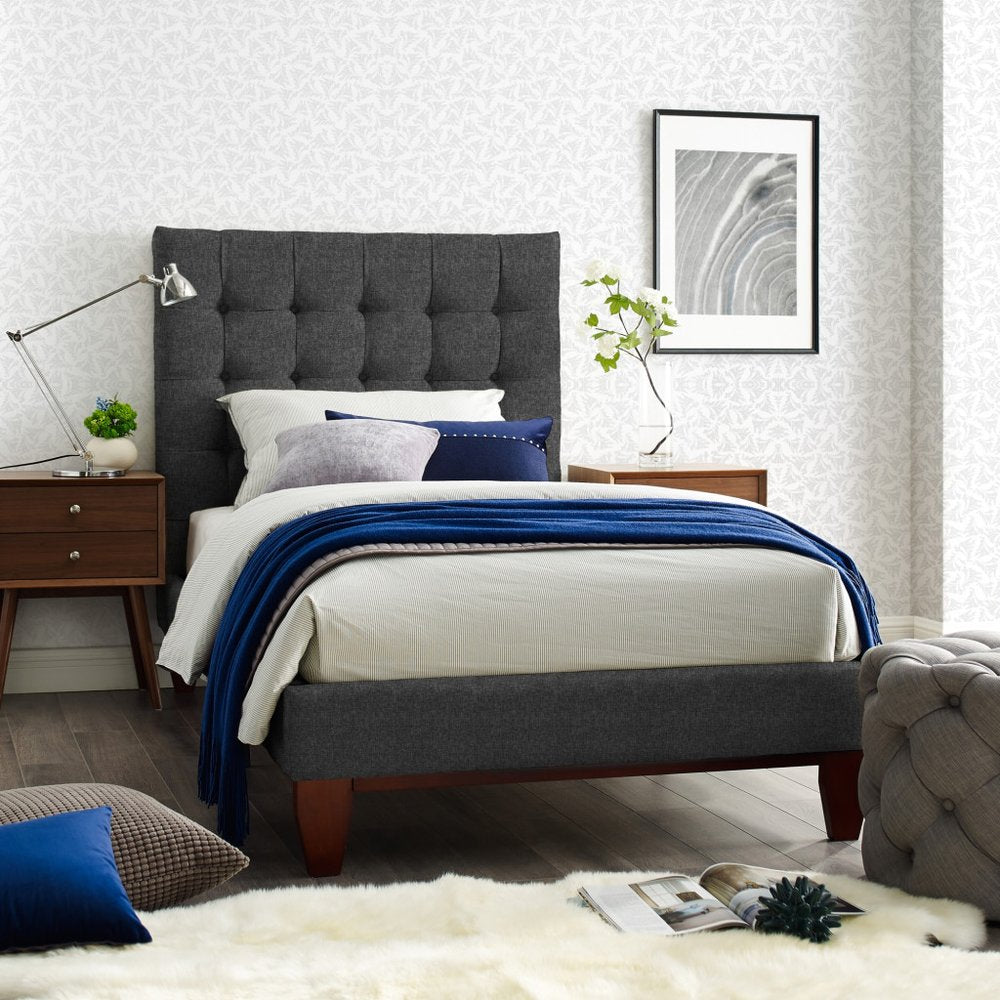 Beige Solid Wood Twin Tufted Upholstered Linen Bed Frame