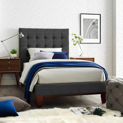 Beige Solid Wood Twin Tufted Upholstered Linen Bed Frame