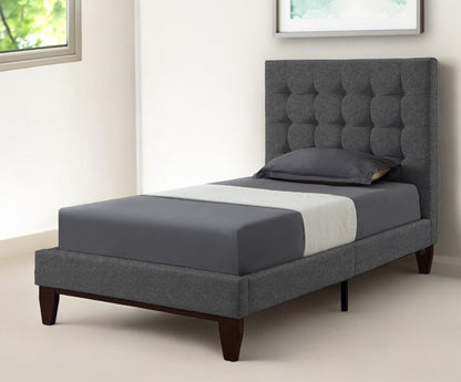 Beige Solid Wood Twin Tufted Upholstered Linen Bed Frame