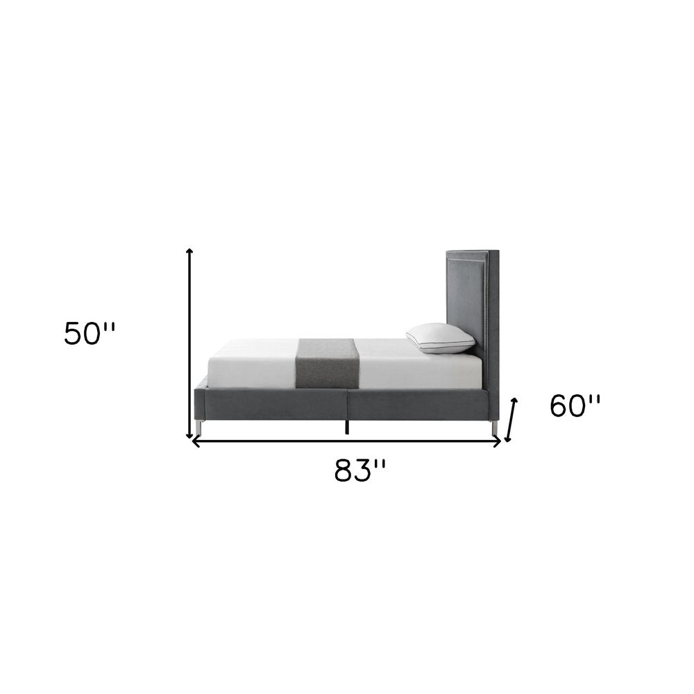 Gray Solid Wood King Upholstered Velvet Bed with Nailhead Trim