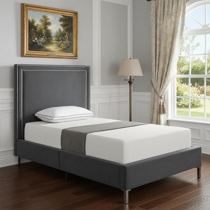 Gray Solid Wood King Upholstered Velvet Bed with Nailhead Trim