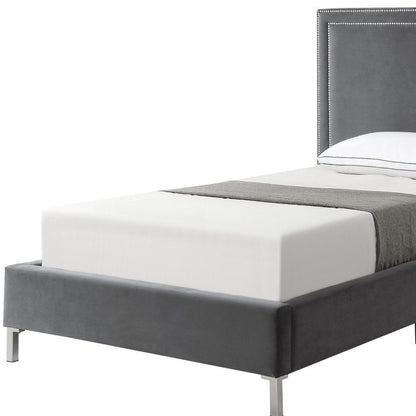 Gray Solid Wood King Upholstered Velvet Bed with Nailhead Trim