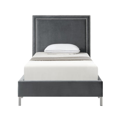 Gray Solid Wood King Upholstered Velvet Bed with Nailhead Trim