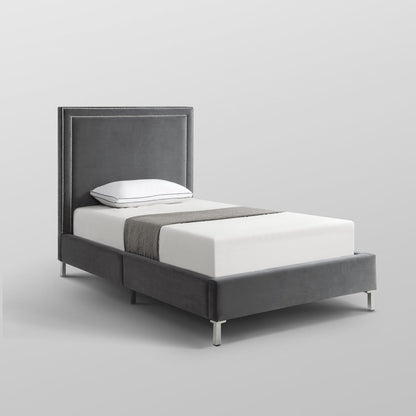 Gray Solid Wood King Upholstered Velvet Bed with Nailhead Trim
