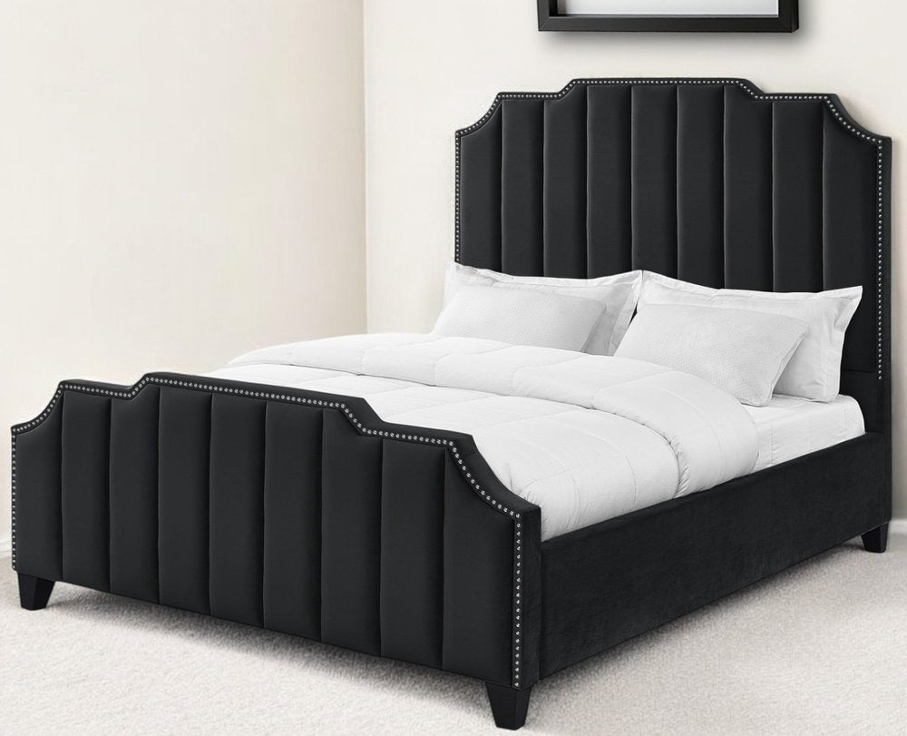 Black Solid Wood King Tufted Upholstered Velvet Bed with Nailhead Trim