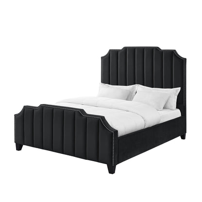 Black Solid Wood King Tufted Upholstered Velvet Bed with Nailhead Trim