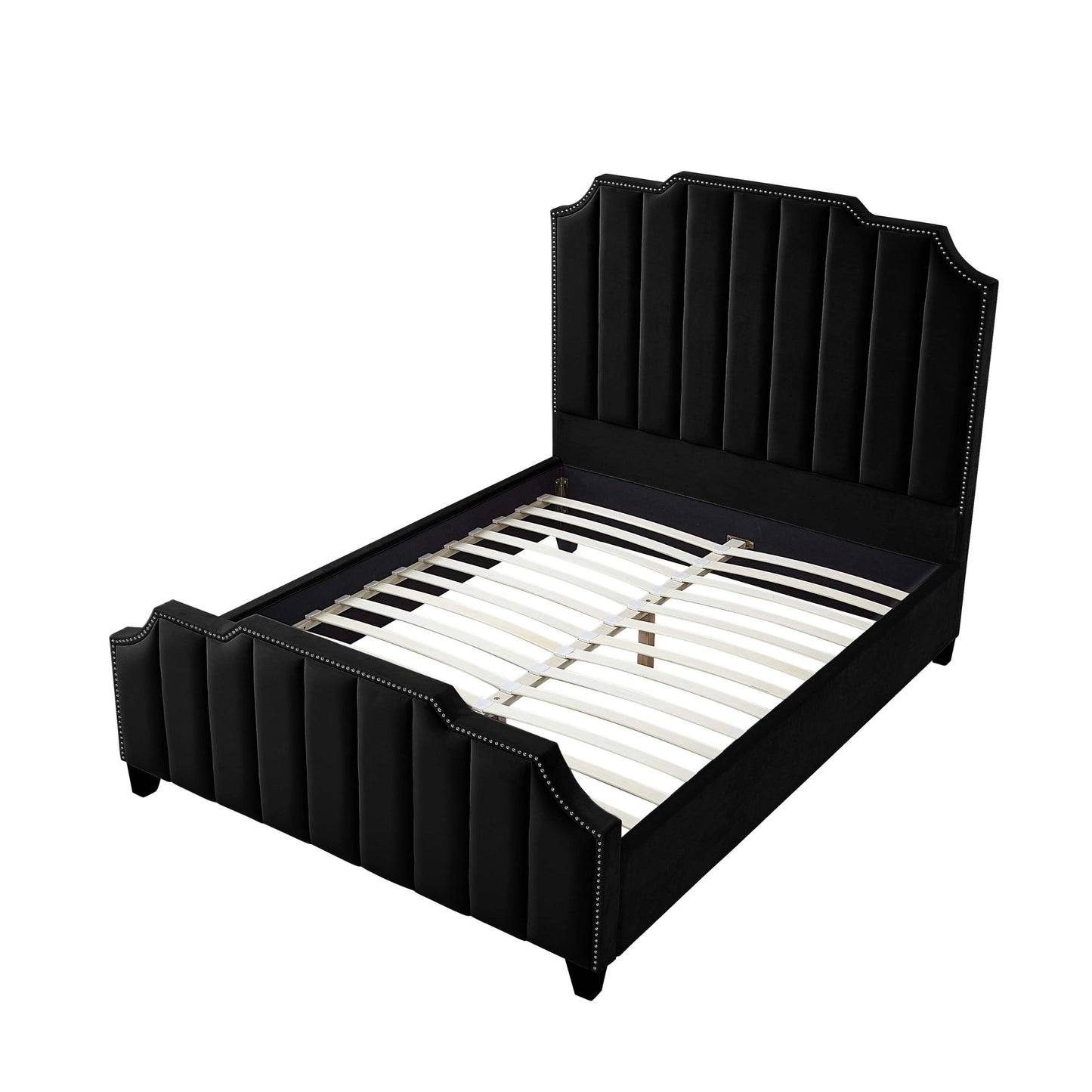 Black Solid Wood King Tufted Upholstered Velvet Bed with Nailhead Trim