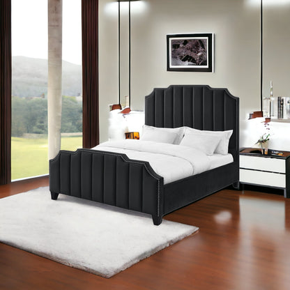 Navy Blue Solid Wood King Tufted Upholstered Velvet Bed with Nailhead Trim