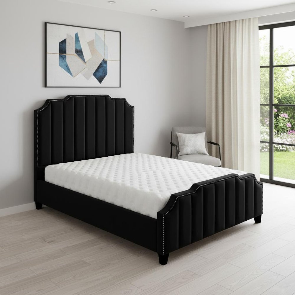 Black Solid Wood Queen Tufted Upholstered Velvet Bed with Nailhead Trim