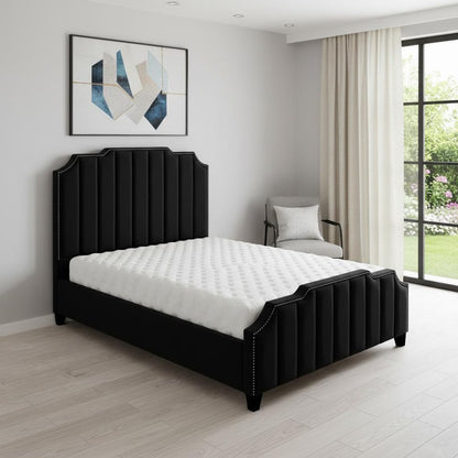 Black Solid Wood Queen Tufted Upholstered Velvet Bed with Nailhead Trim
