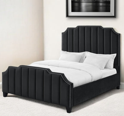 Black Solid Wood King Tufted Upholstered Velvet Bed with Nailhead Trim