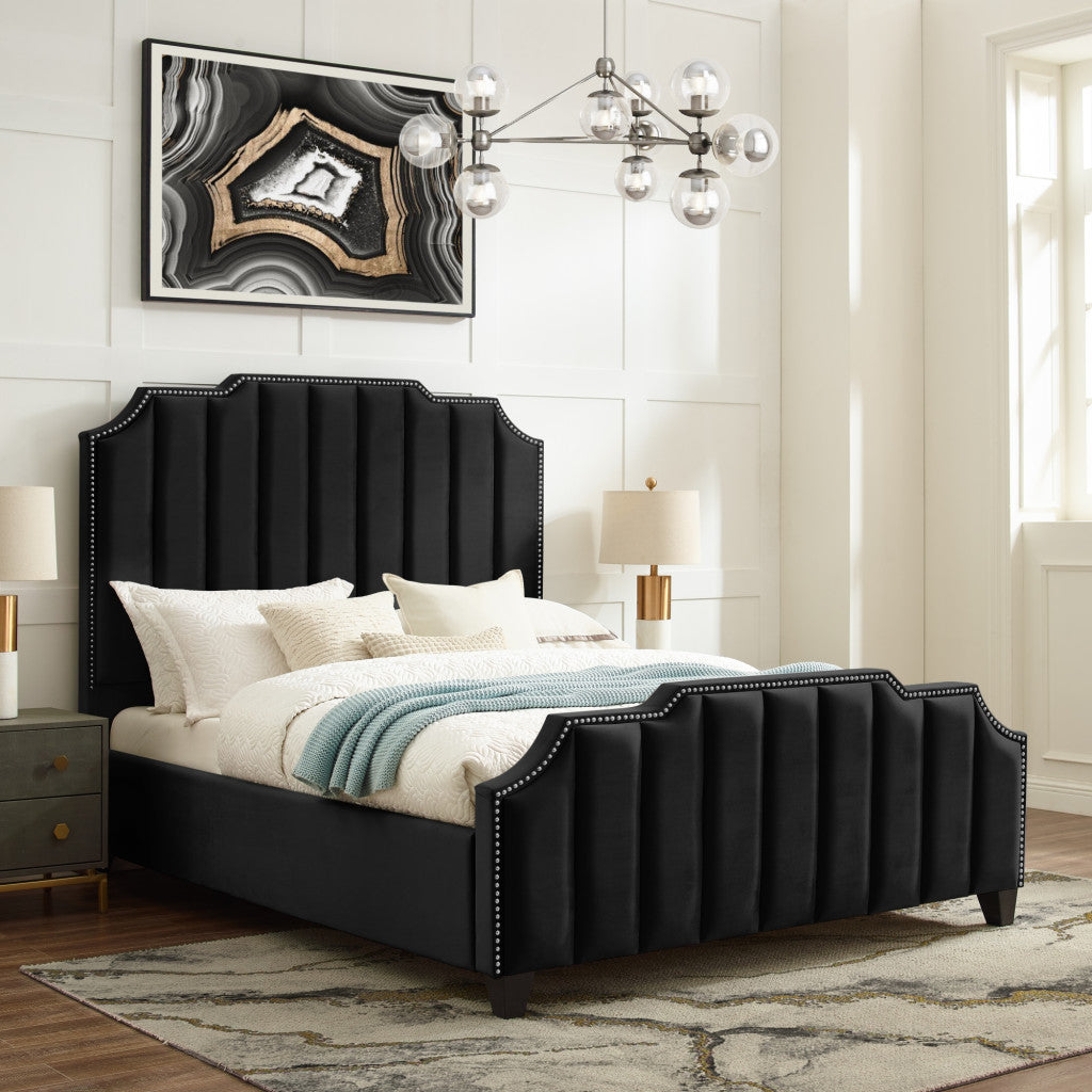 Black Solid Wood King Tufted Upholstered Velvet Bed with Nailhead Trim