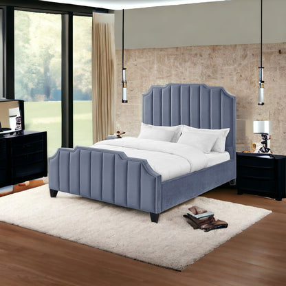 Navy Blue Solid Wood King Tufted Upholstered Velvet Bed with Nailhead Trim