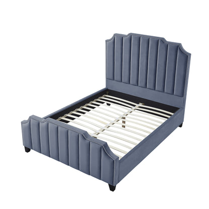 Navy Blue Solid Wood King Tufted Upholstered Velvet Bed with Nailhead Trim