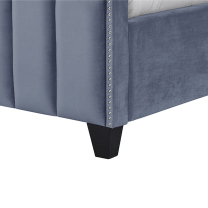 Navy Blue Solid Wood King Tufted Upholstered Velvet Bed with Nailhead Trim