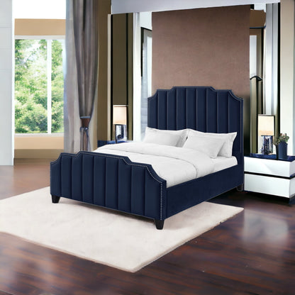 Navy Blue Solid Wood King Tufted Upholstered Velvet Bed with Nailhead Trim