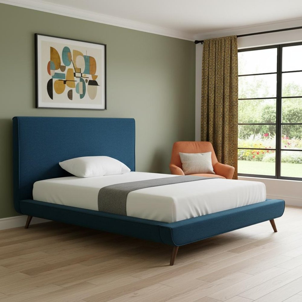 Denim Blue Solid Wood Twin Upholstered Linen Bed