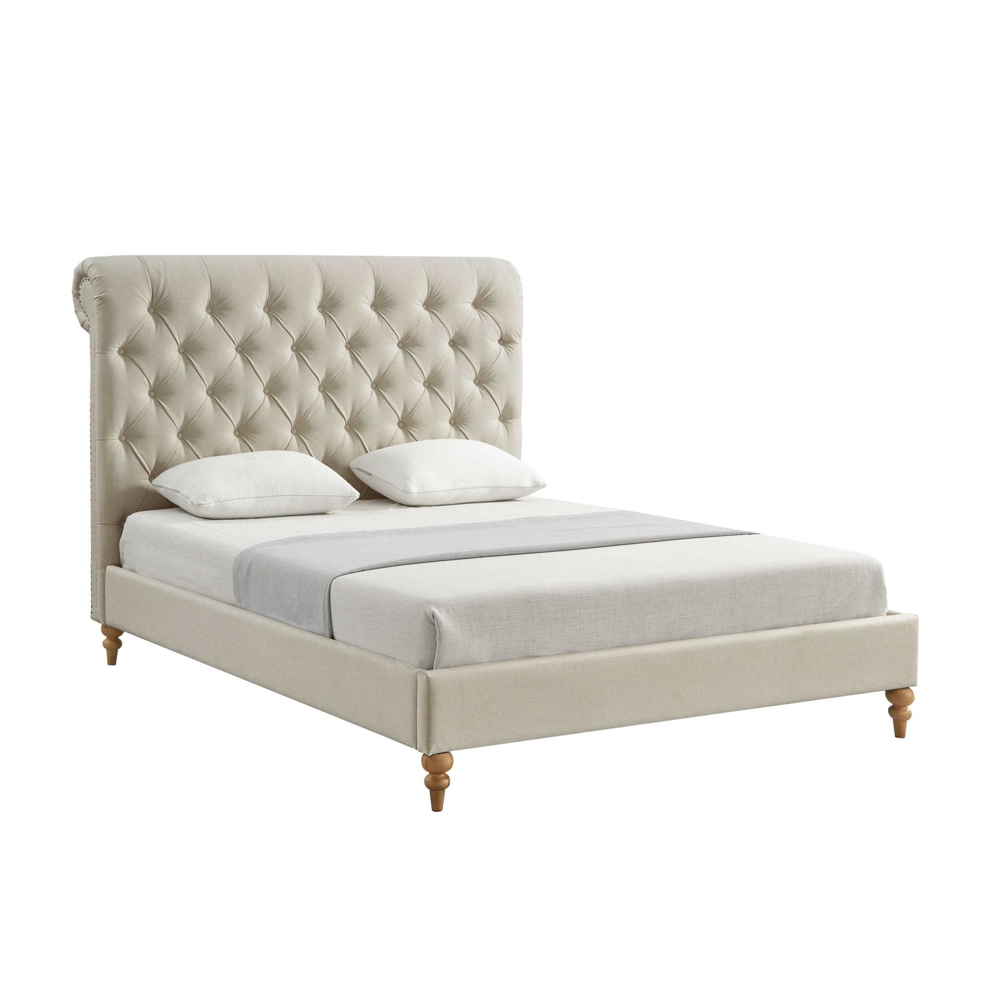 Gray Solid Wood King Tufted Upholstered Linen Bed with Nailhead Trim