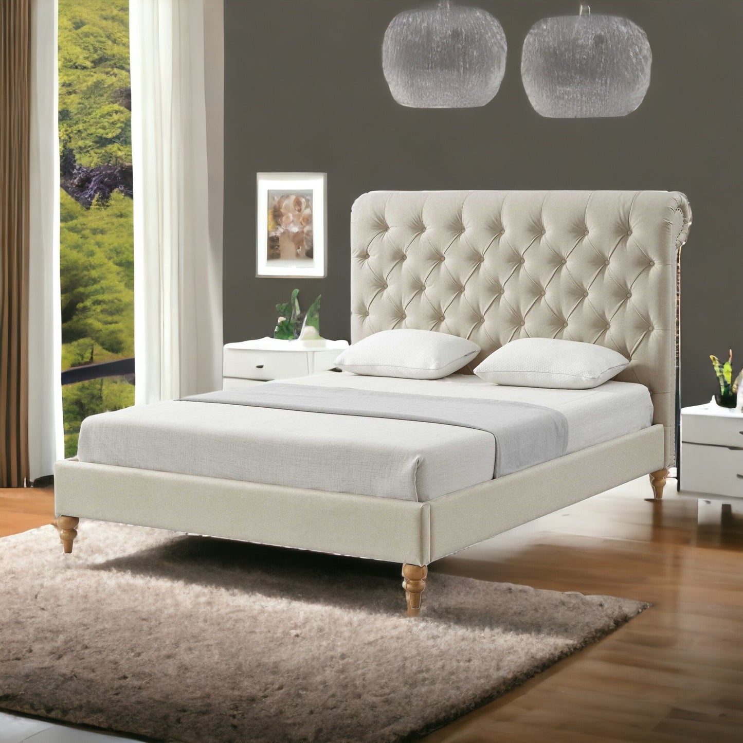 Gray Solid Wood King Tufted Upholstered Linen Bed with Nailhead Trim