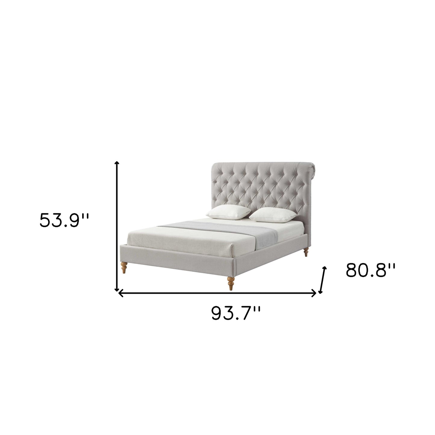 Beige Solid Wood Queen Tufted Upholstered Linen Bed with Nailhead Trim