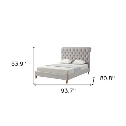 Beige Solid Wood Queen Tufted Upholstered Linen Bed with Nailhead Trim