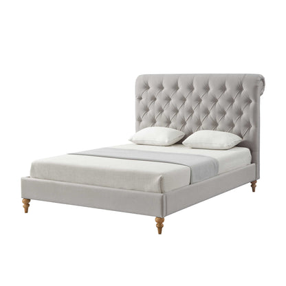 Beige Solid Wood Queen Tufted Upholstered Linen Bed with Nailhead Trim