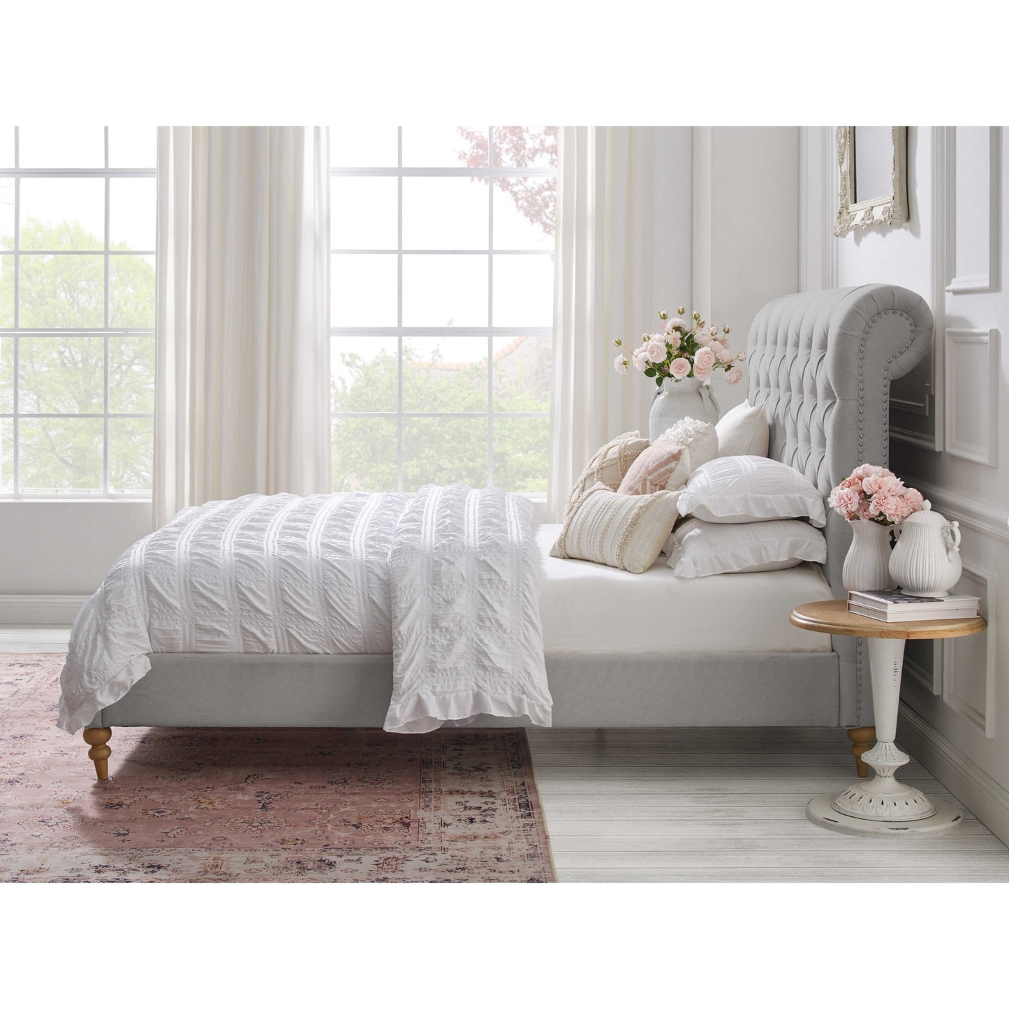 Beige Solid Wood Queen Tufted Upholstered Linen Bed with Nailhead Trim