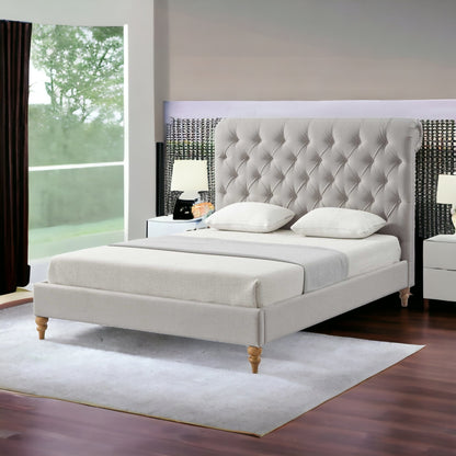 Gray Solid Wood King Tufted Upholstered Linen Bed with Nailhead Trim